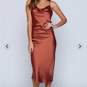 Terra cotta cowl neck satin slip midi dress - size 8